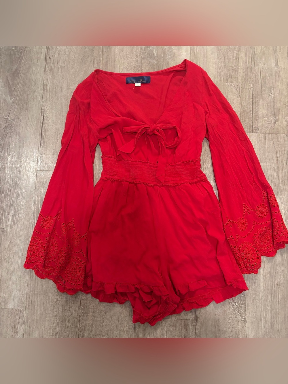 Blue Rain Red Long Sleeve Tie-Front Romper Dress